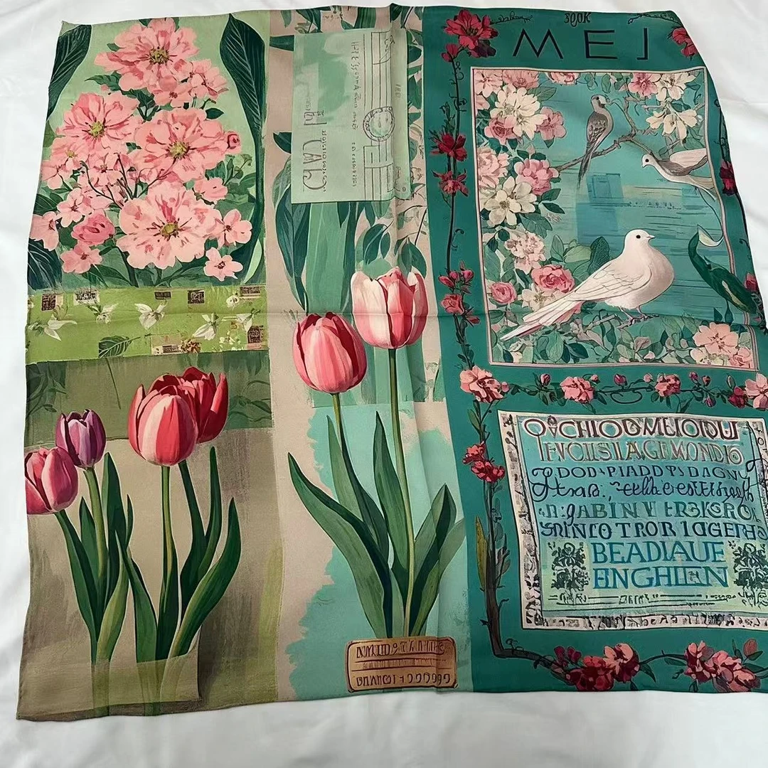 70 6D双乔纱巾-花鸟郁金  65cm丝巾