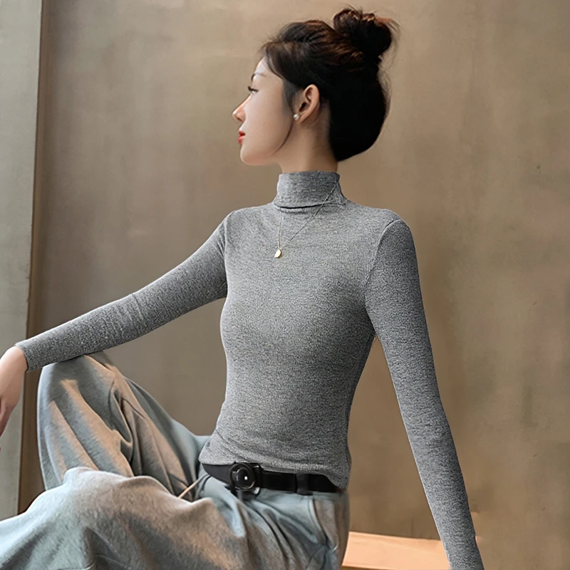 半高领螺纹长袖t恤女秋冬季百搭打底衫女修身显瘦内搭保暖上衣服