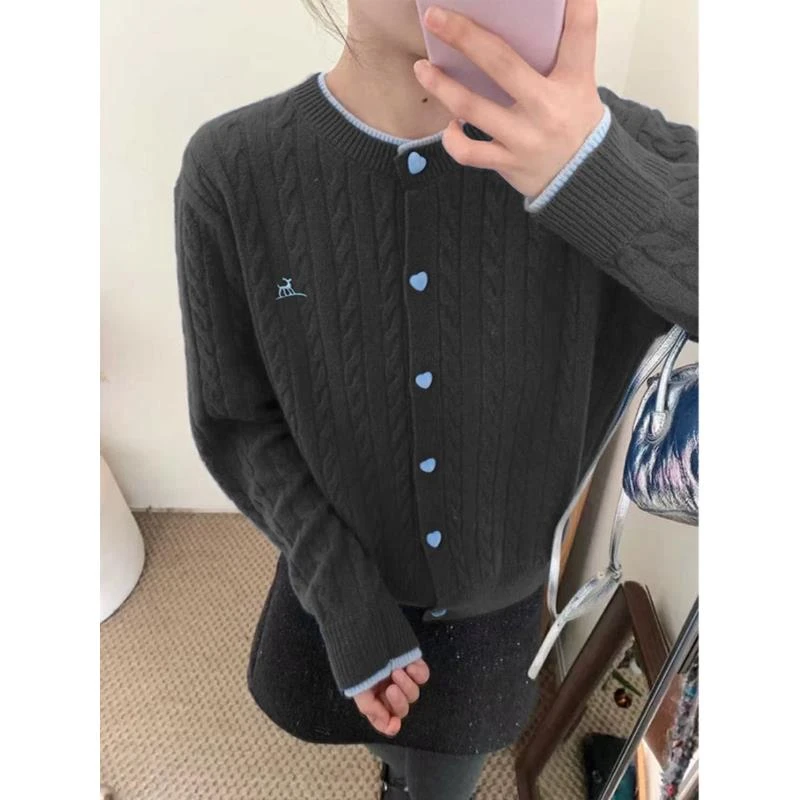 韩系圆领拼色麻花毛衣开衫女2025新款针织外套春季穿搭上衣