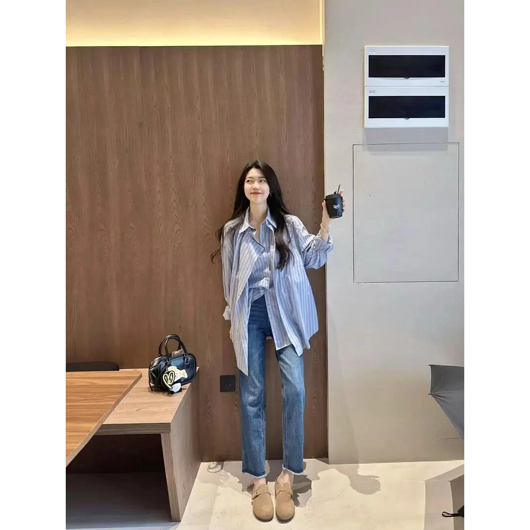 套装女2025新款爆款洋气不对称条纹衬衫上衣高腰直筒九分牛仔裤