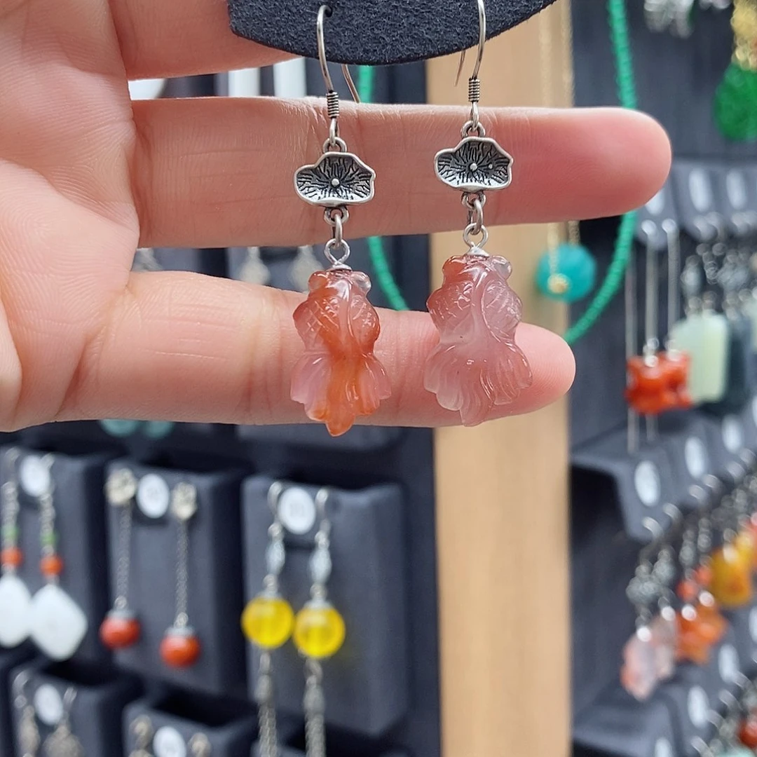 南红玛瑙银S925镶嵌耳饰熹*