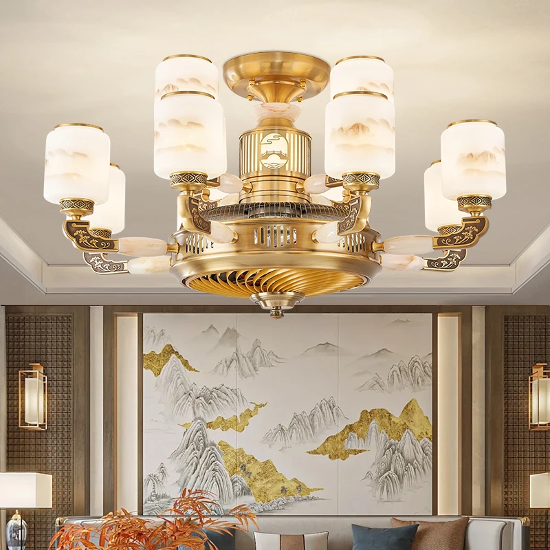 全铜玉石全铜电机客厅餐厅静音遥控大风力风扇灯卧室灯