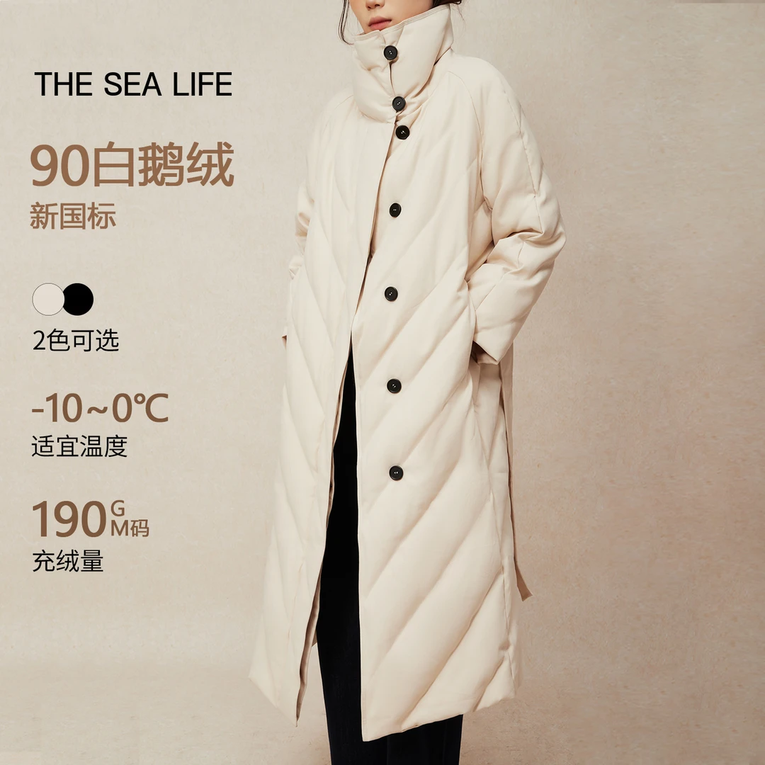 【90白鹅绒】欧海一生长款羽绒服中空纱2025冬立领通勤外套220107
