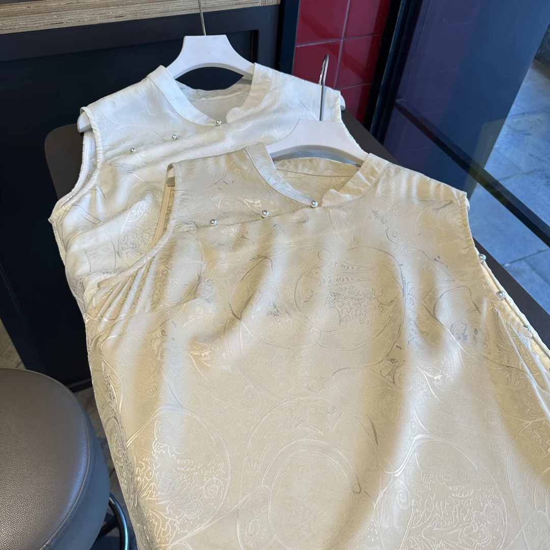 【纯白 奥黛】新中式气质时尚显瘦提花无袖立领斜襟中长款上衣Mz