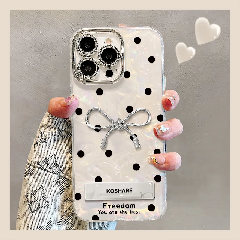 波点蝴蝶结公仔适用苹果15华为vivo/oppo小米iPhone贝壳纹手机壳