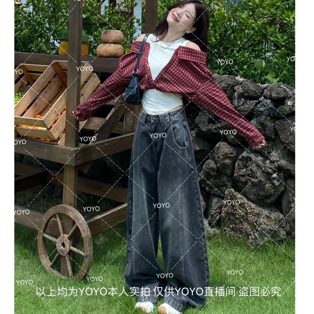 YOYO自制【黑灰牛仔】早秋显瘦宽松百搭设计感水洗牛仔拖地阔腿裤