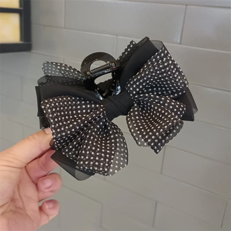 复古小波点多层蝴蝶结抓夹黑色气质优雅盘发夹子后脑勺鲨鱼夹头饰