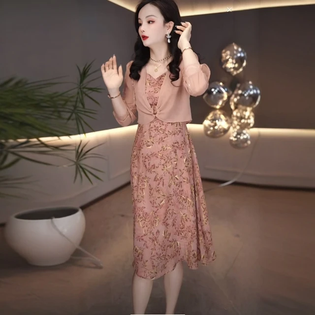 2025春气质名媛女人味减龄显瘦百搭长袖假两件连衣裙M-4XL