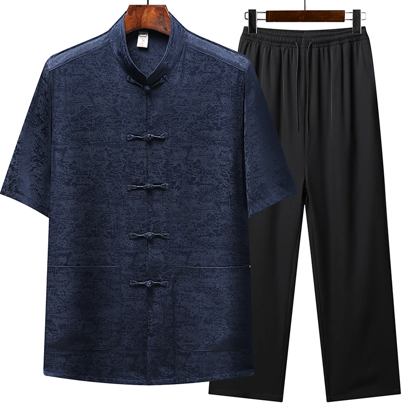 中老年唐装男夏季薄款短袖套装爸爸装中国风宽松休闲爷爷冰丝半袖