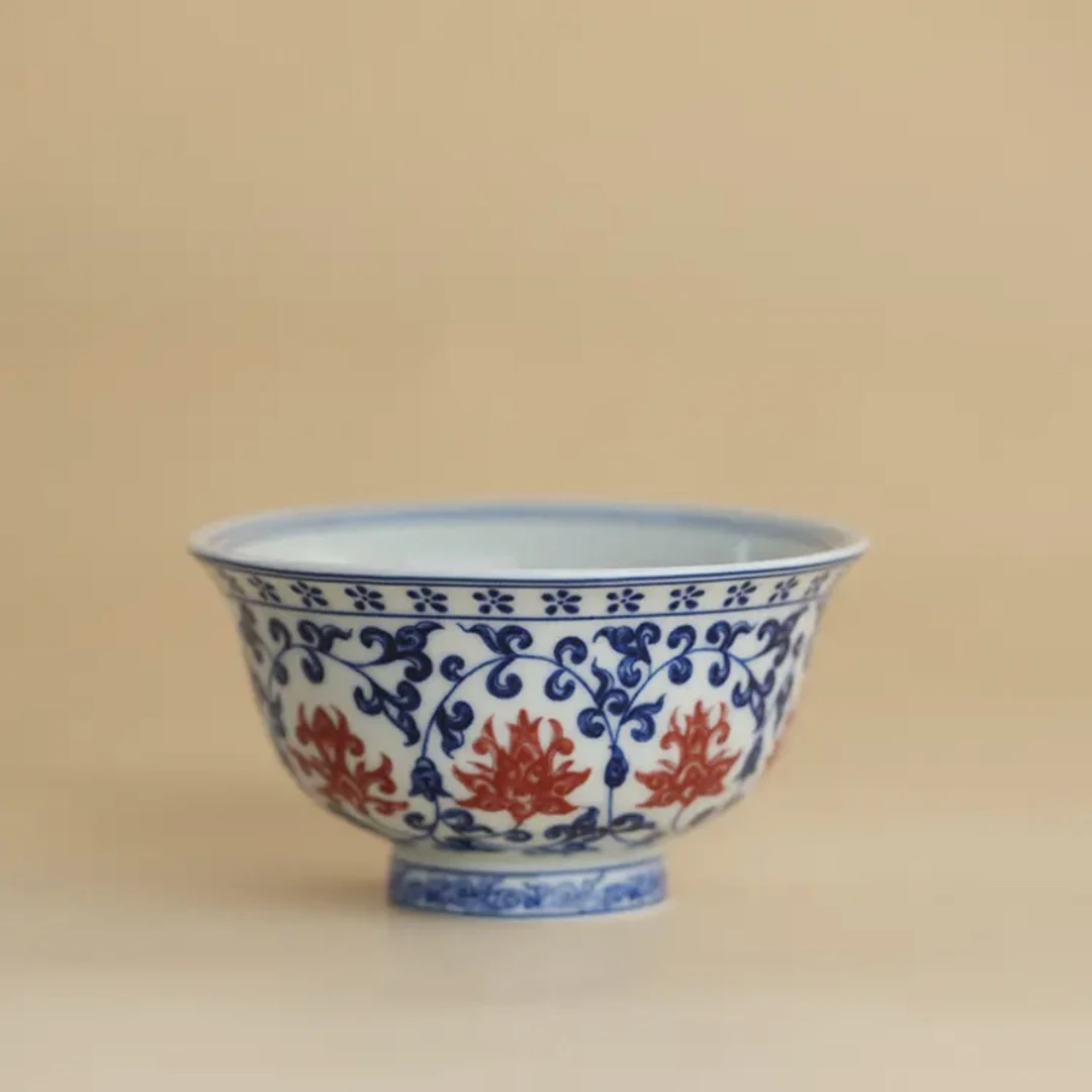 釉里红青花压手杯手工陶瓷缠枝莲高档品茗主人杯花纹名窑釉下彩