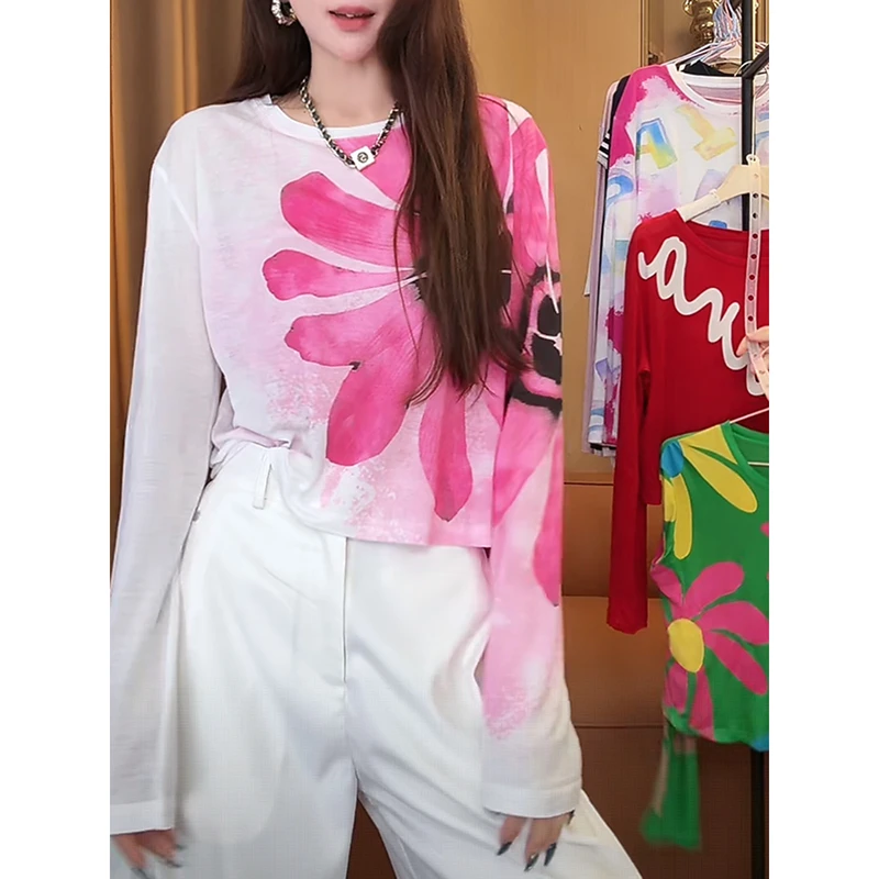 美式趣味印花防晒T恤女2025年夏季新款复古修身防紫外线短款上衣