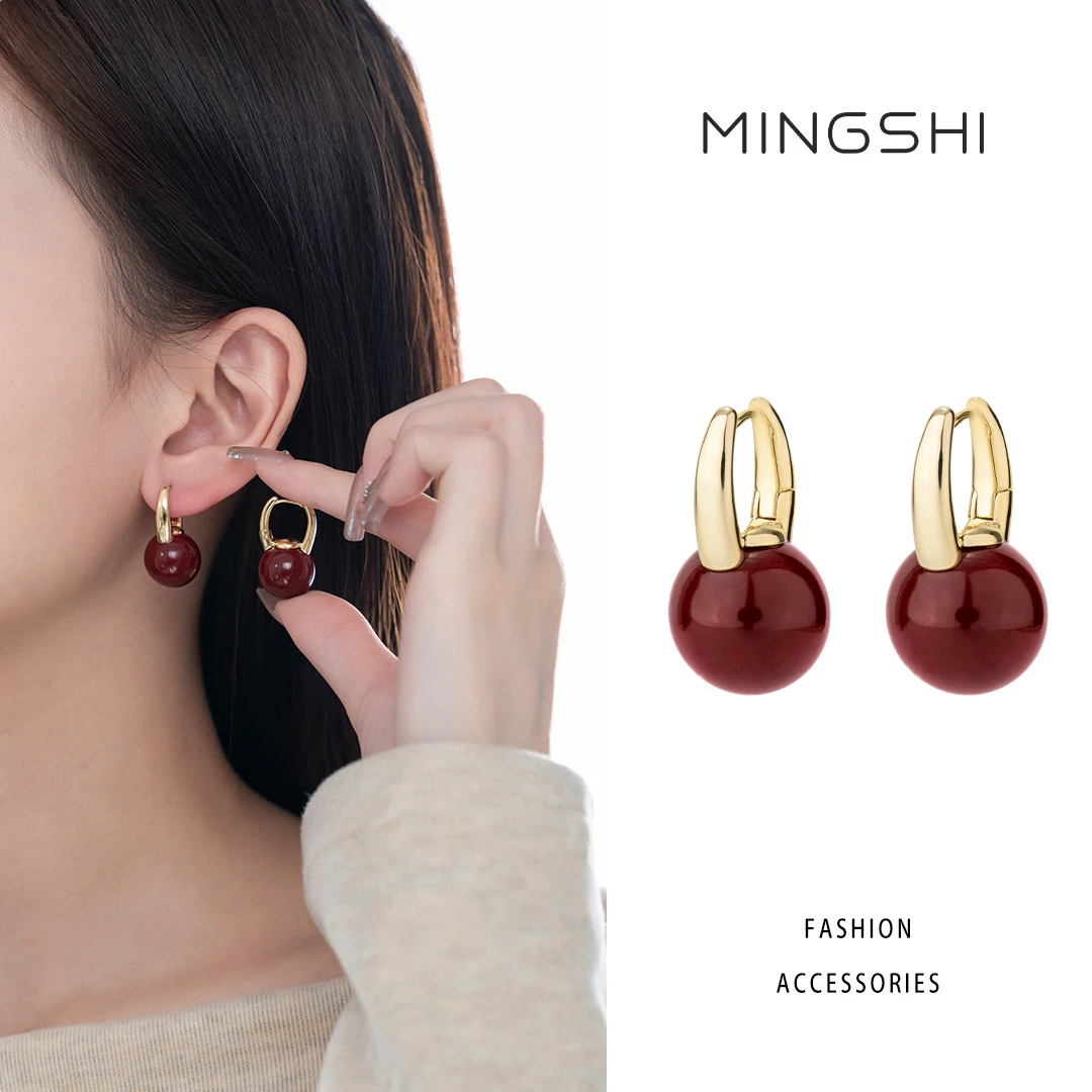 名式 铜合金仿珍珠耳饰 简约小风法式复古红色百搭珠珠耳环QJD116