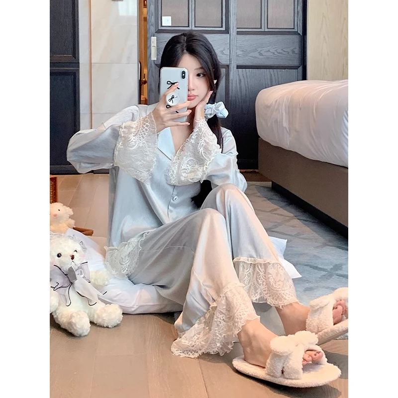 2025爆款高级感睡衣女春秋季长袖长裤冰丝甜美性感蕾丝家居服套装