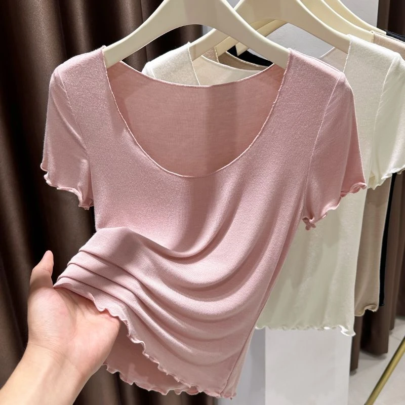 大码莫代尔短袖t恤女装胖mm夏季新款纯色木耳内搭短款打底薄上衣