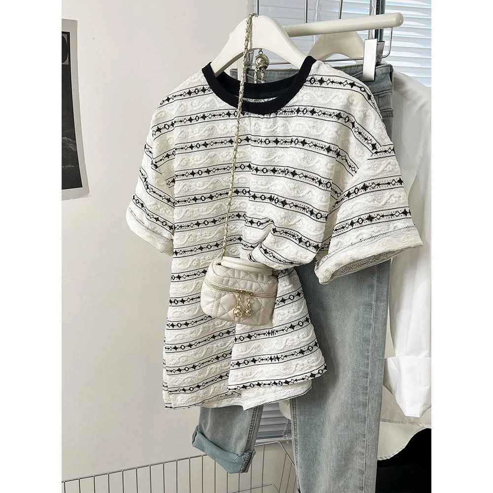 撞色条纹正肩短袖t恤女夏季2025新款设计感小众半袖体恤宽松上衣