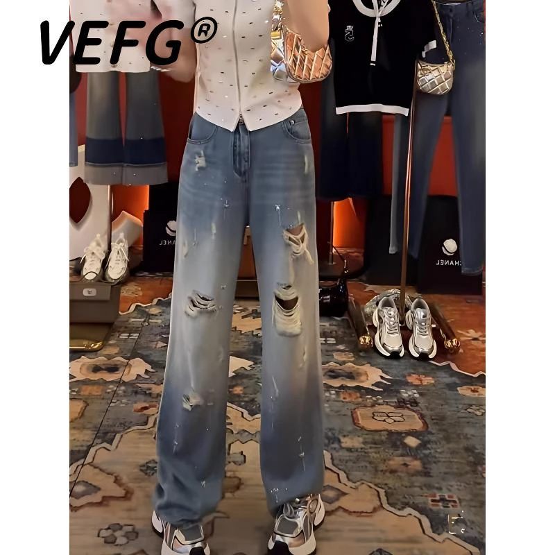 VEFG破洞牛仔裤直筒裤女2025新款高腰宽松显瘦欧洲站烫钻阔腿裤