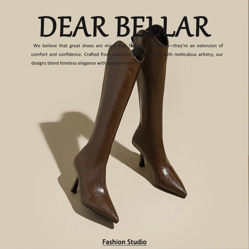 复古棕色高筒靴鞋子高跟长靴时尚秋冬百搭细跟尖头骑士靴