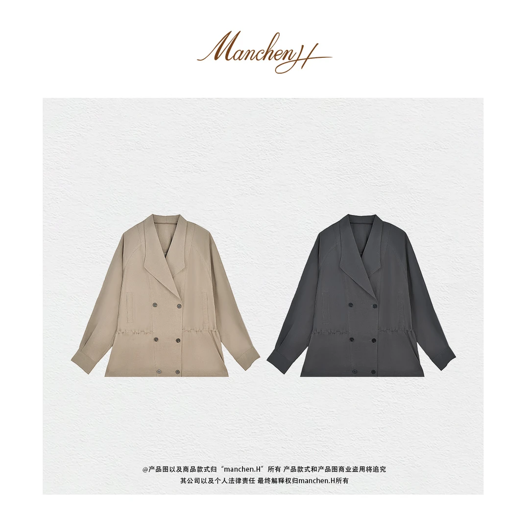 曼辰manchenh"风之塑形"出口单铜氨丝天丝混纺六粒扣风衣