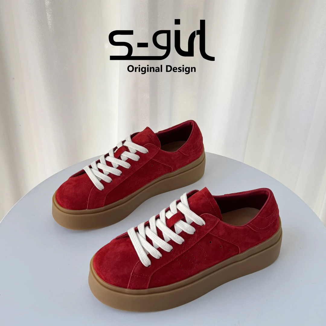 SGIRL TWTW简约磨砂皮厚底板鞋女2025春百搭复古红色德训鞋休闲鞋
