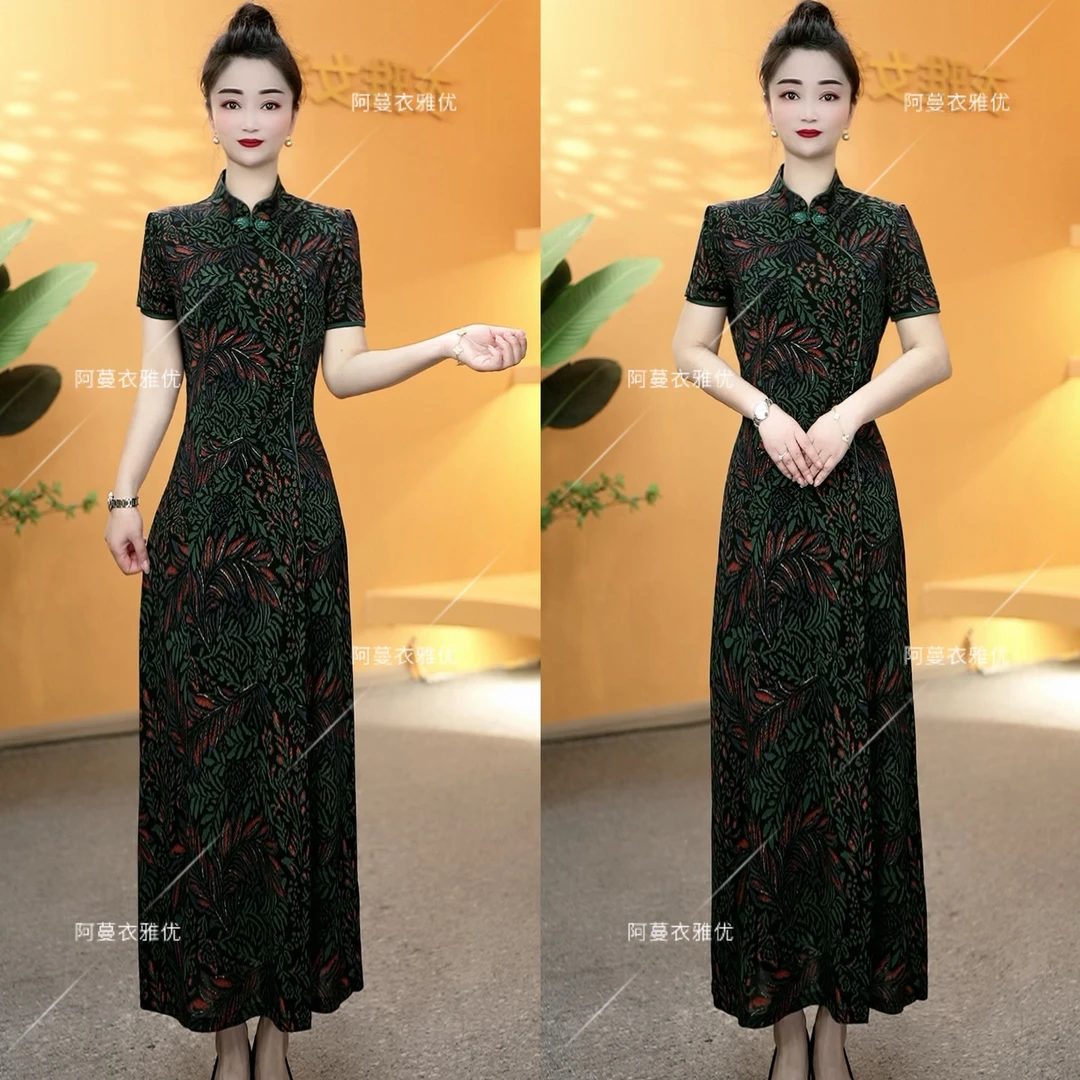 【衣雅严选】8088-1639#夏季新款冰雪丝弹力缎面烫金立领旗袍裙