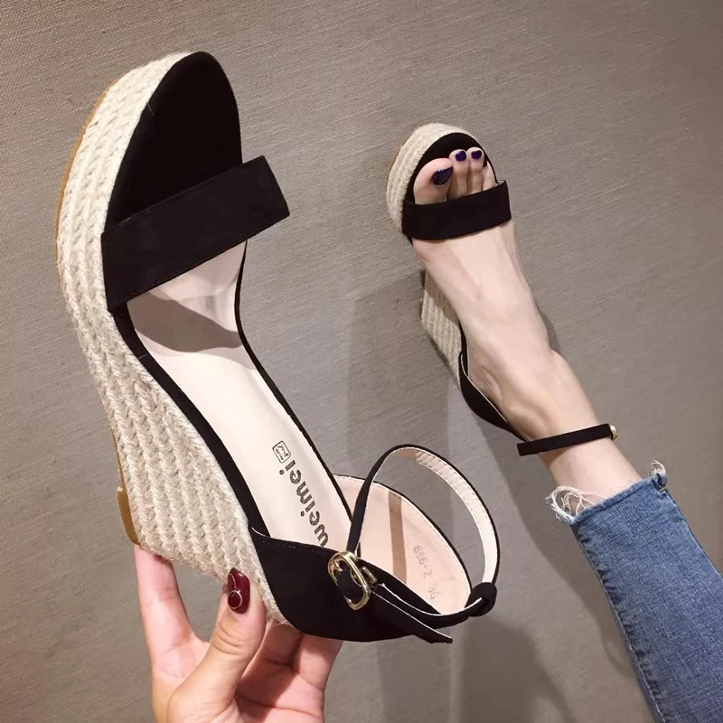 现货2025夏季新款性感超高跟坡跟女凉鞋简约一字带防水台厚底露趾