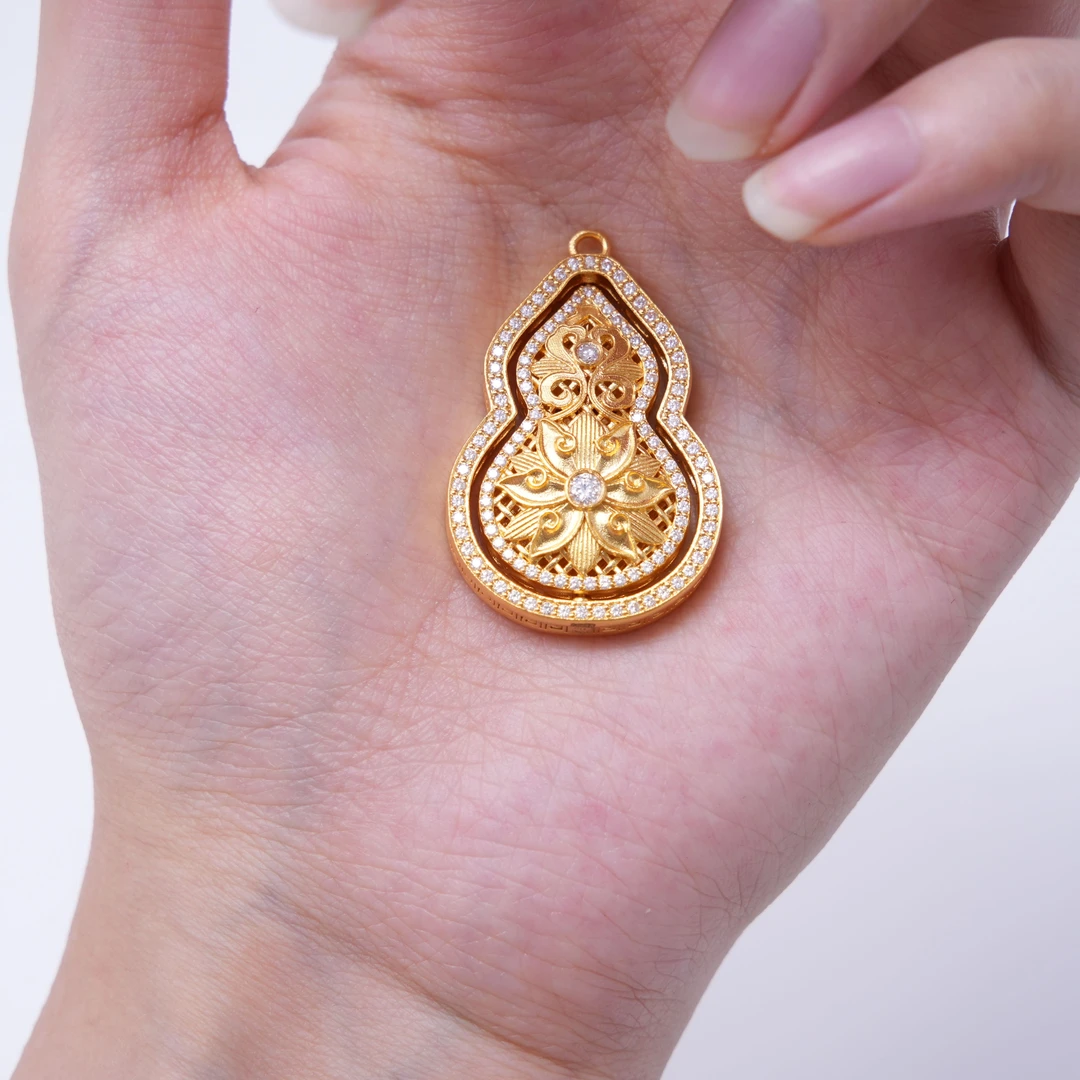 【金吊坠】可旋转圈钻双面錾刻大葫芦吊坠古法黄金足金999【888/488】