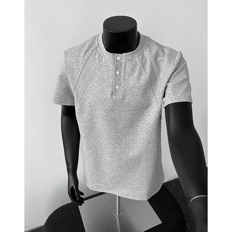 BT美式休闲百搭亨利领圆领双侧螺纹显身型宽松弹力T恤男