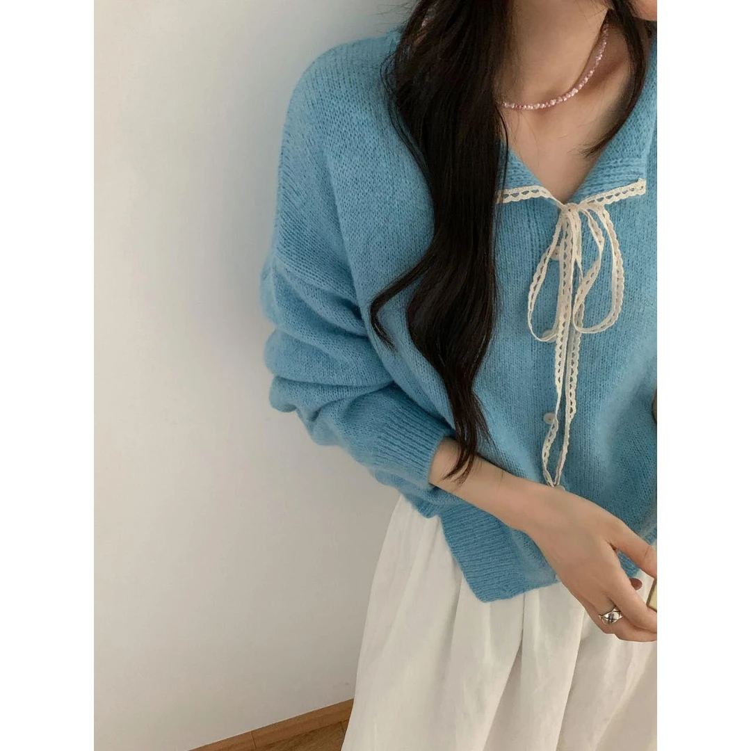 小个子甜美减龄蝴蝶结针织开衫女季蕾丝系带ins软糯百搭毛衣外套