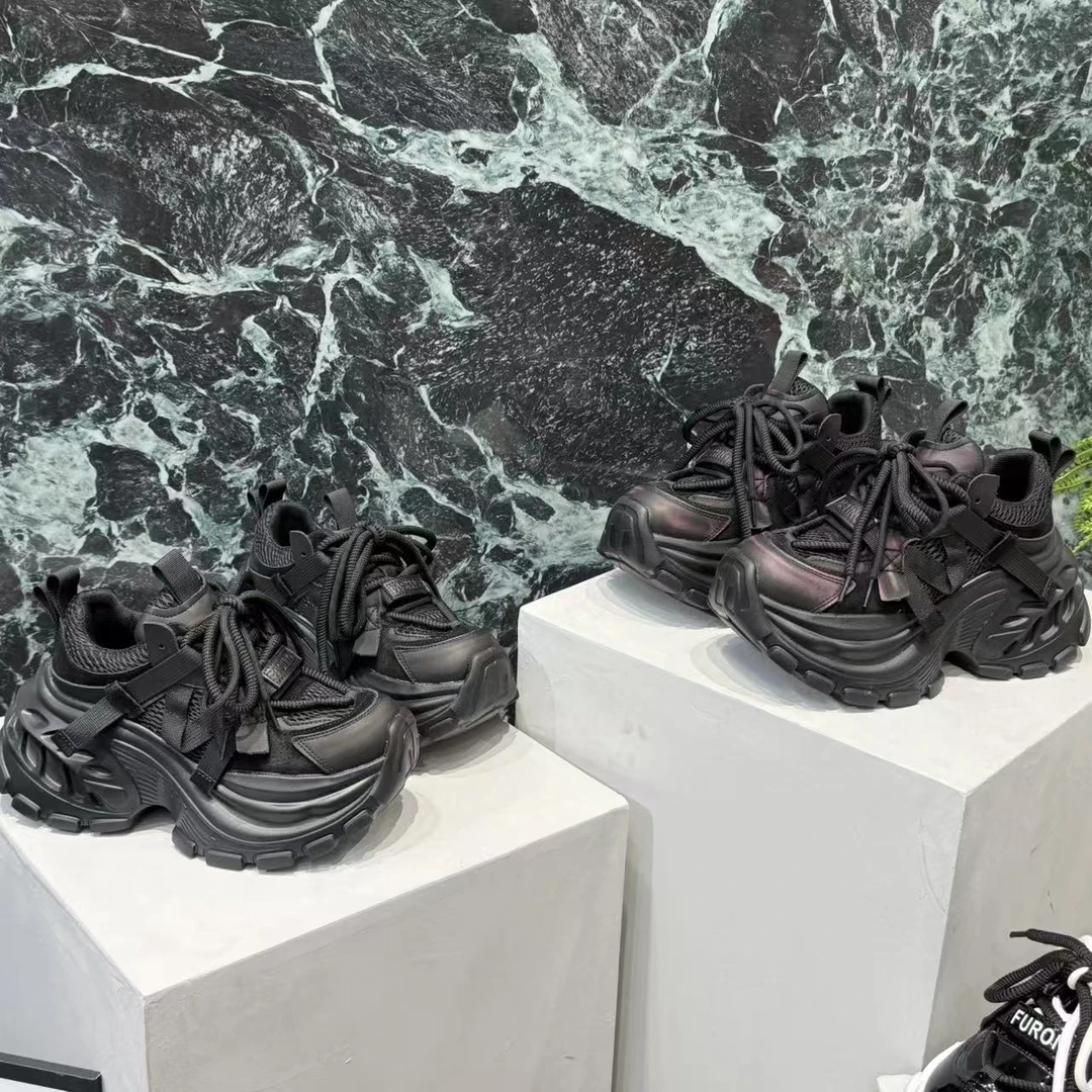 广州欧货【酱紫网面】早春新款绑带潮流四季7cm厚底复古老爹鞋韩版