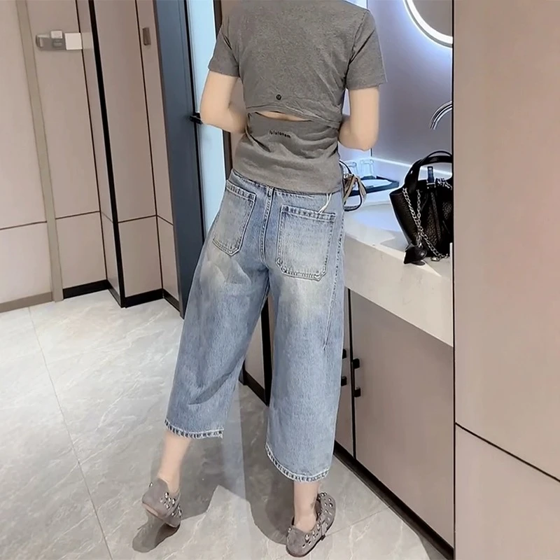 小个子穿搭八分弯刀牛仔裤女2025夏季新款大码梨形胖mm显瘦阔腿裤