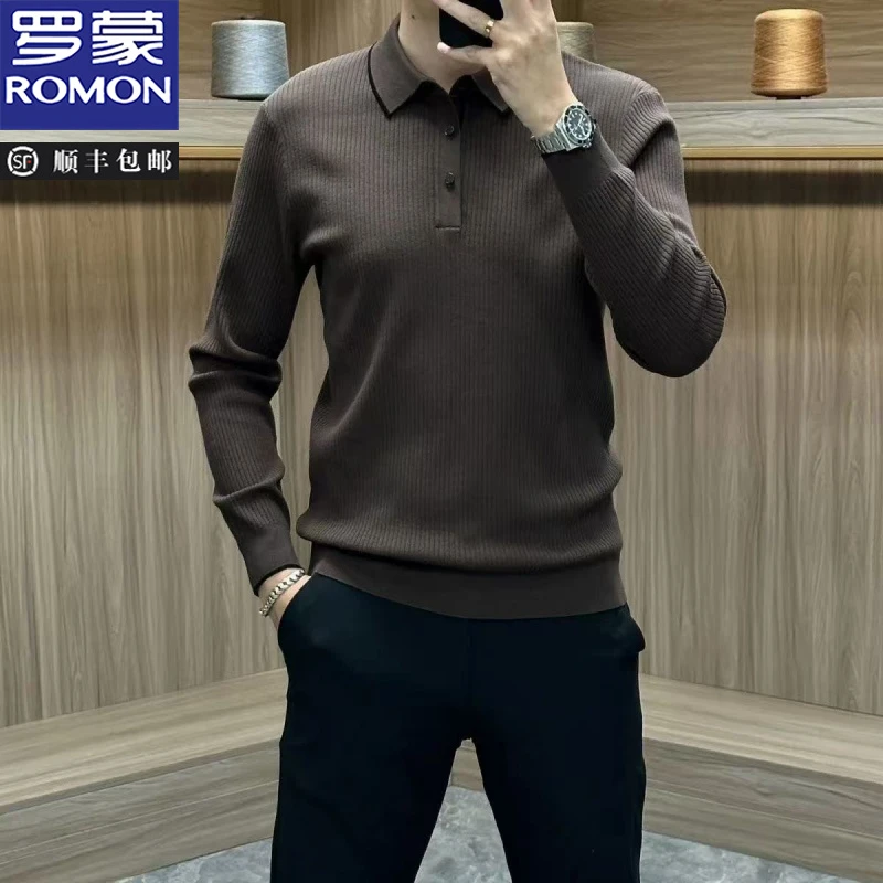 罗蒙秋冬男士高档长袖翻领针织衫毛衣时尚轻奢商务休闲百搭polo衫