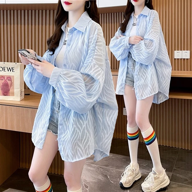 大码胖mm中长款防晒衬衫外套女装夏季新款宽松轻薄透气polo领上衣