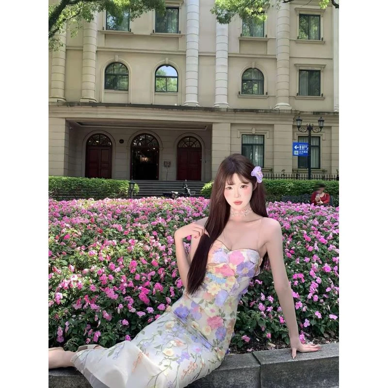 【花中秘境】（花朵位随机）优雅甜美少女风千金风印花抹胸连衣裙N
