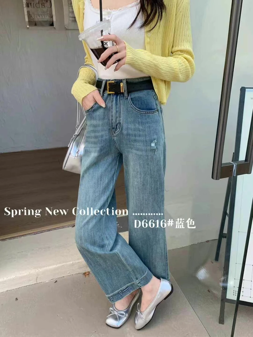 薇莎6616【裤脚字】春款微弹九分阔腿牛仔裤