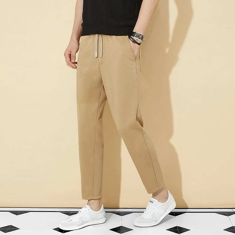 高端四面弹针织卫裤夏季松紧腰抽绳修身九分裤透气系带小脚休闲裤