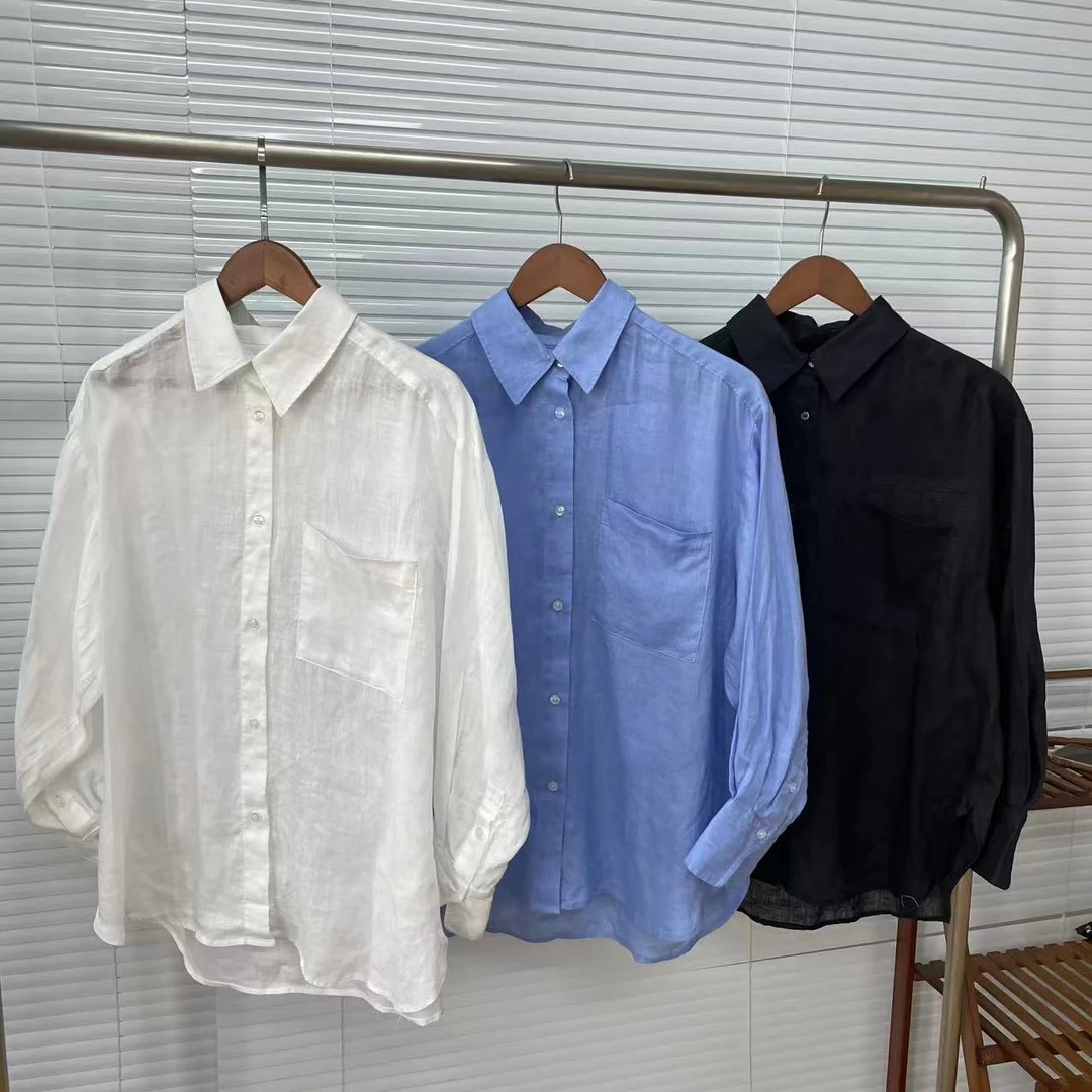 法式亚麻衬衫女夏季薄款宽松老钱风穿搭高端棉麻衬衣上衣25061140