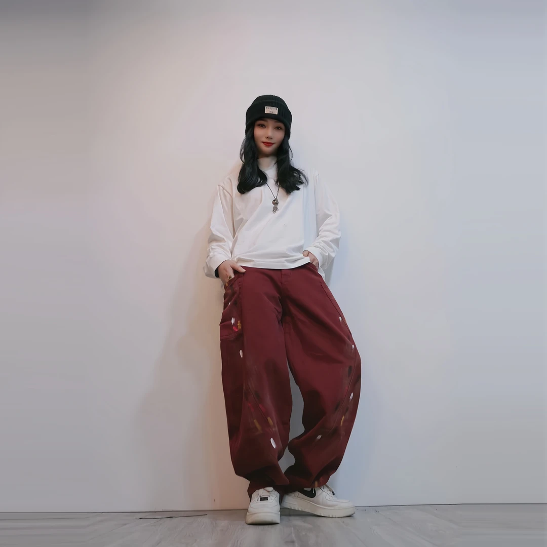 美式时尚高街安哥拉红小弯刀牛仔裤宽松阔腿水洗潮牌长裤男百搭