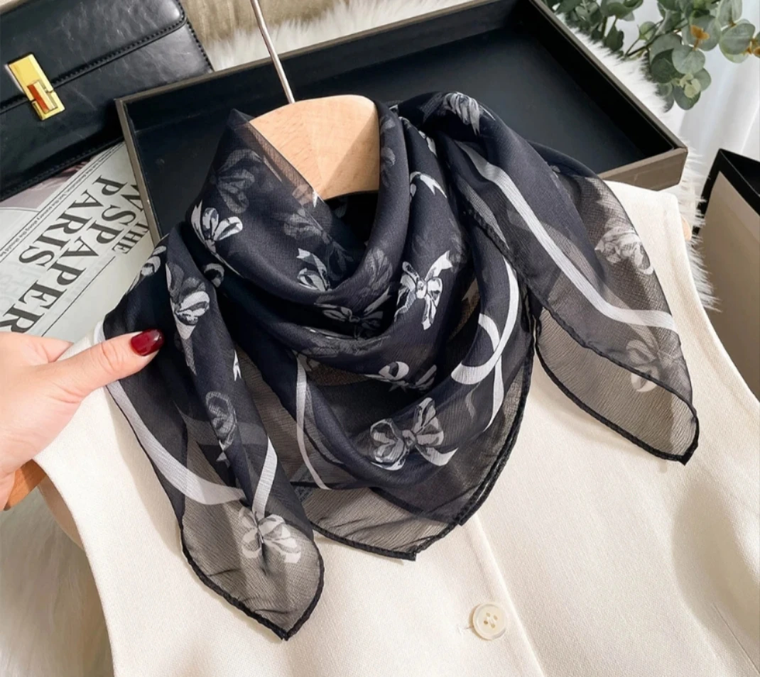 （841）“黑白蝴蝶结”2025新款春夏季方巾西丽纱气质百搭防晒丝巾