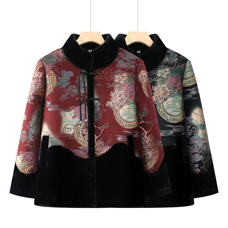 妈妈装冬季加绒加厚皮毛一体奶奶装国风老太太保暖外套