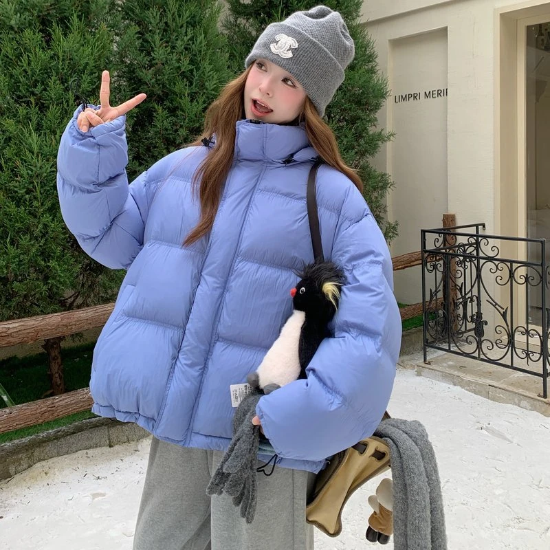 连帽百搭蓝色羽绒服女2025冬季新款小个子减龄超火面包服短款外套