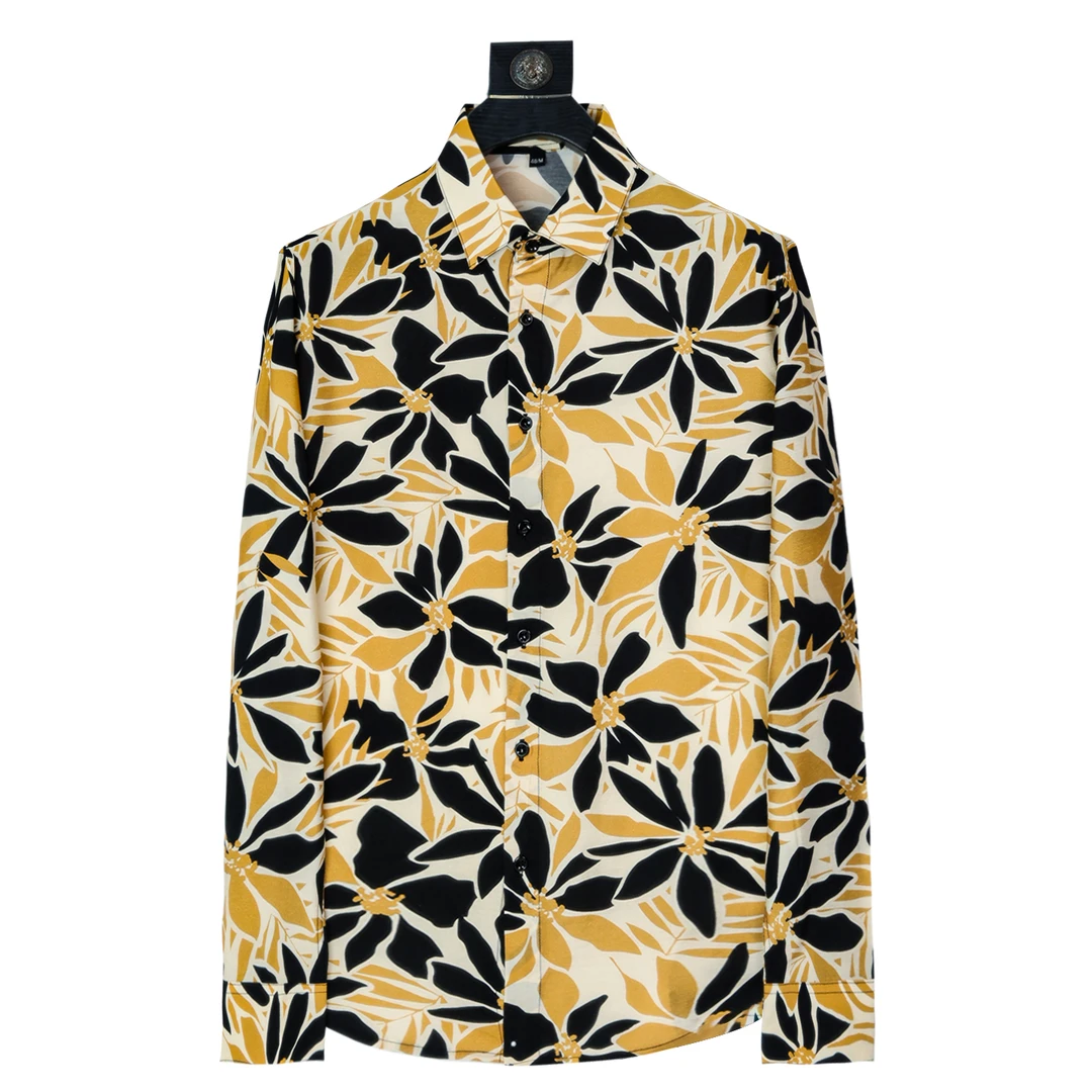 雅奢金棕花簇满印宽松版型免烫抗皱复古调柔肤质感日常高街男衬衫