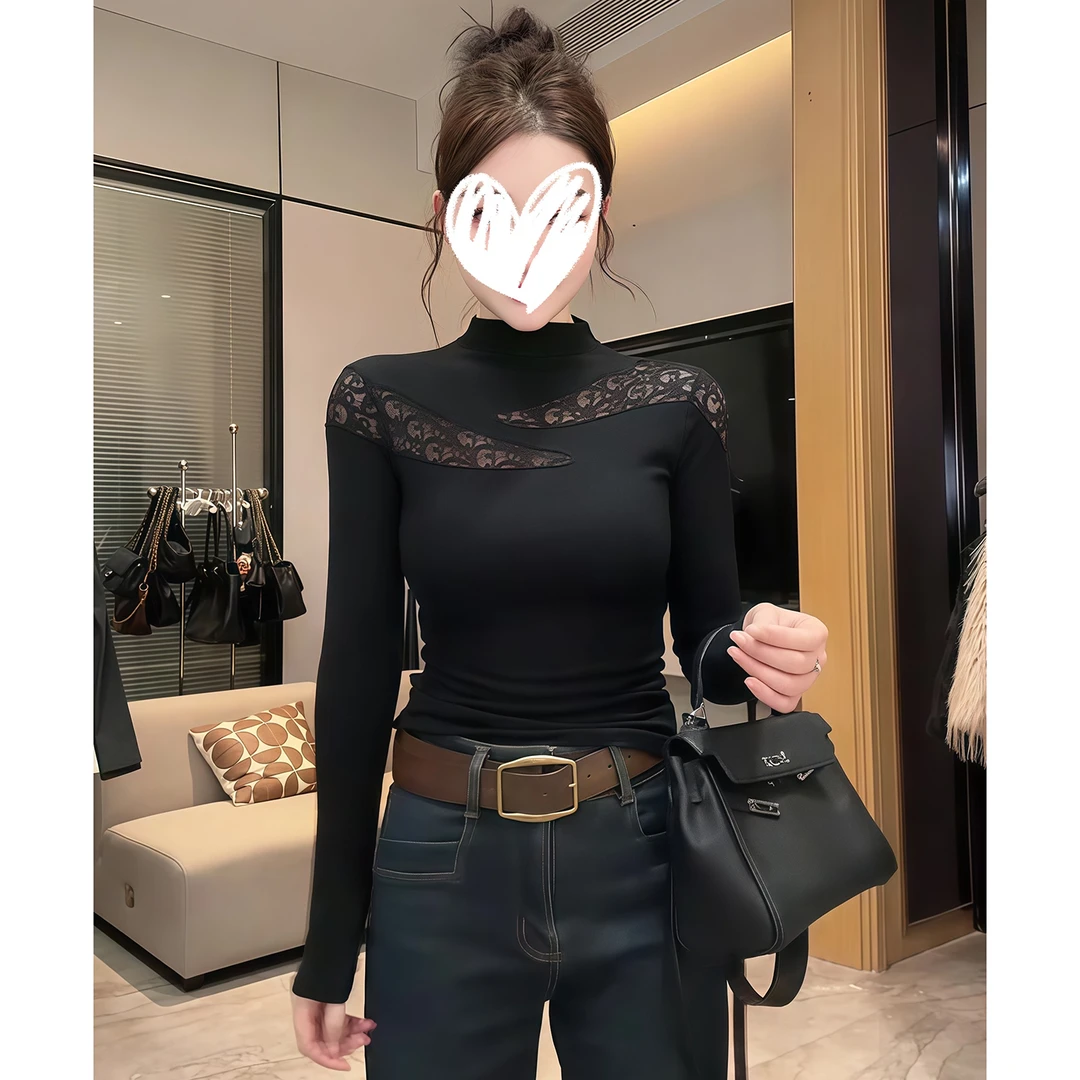 半高领蕾丝镂空拼接洋气加绒打底衫T恤秋冬内搭修身显瘦纯欲上衣