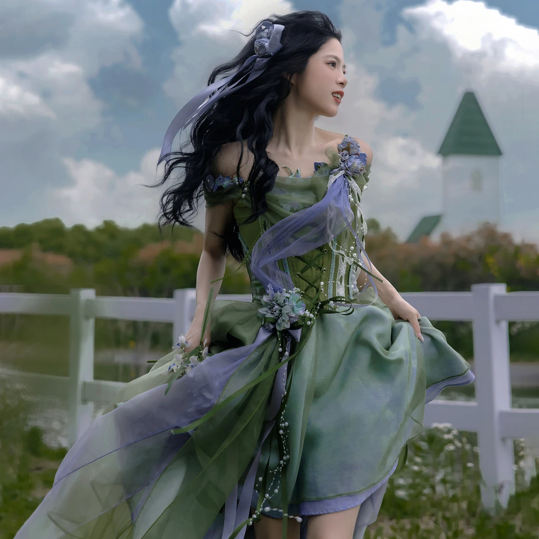 造镜集【仲夏夜之梦】绿色森系汉元素梦幻公主优雅齐胸鱼骨气质半裙