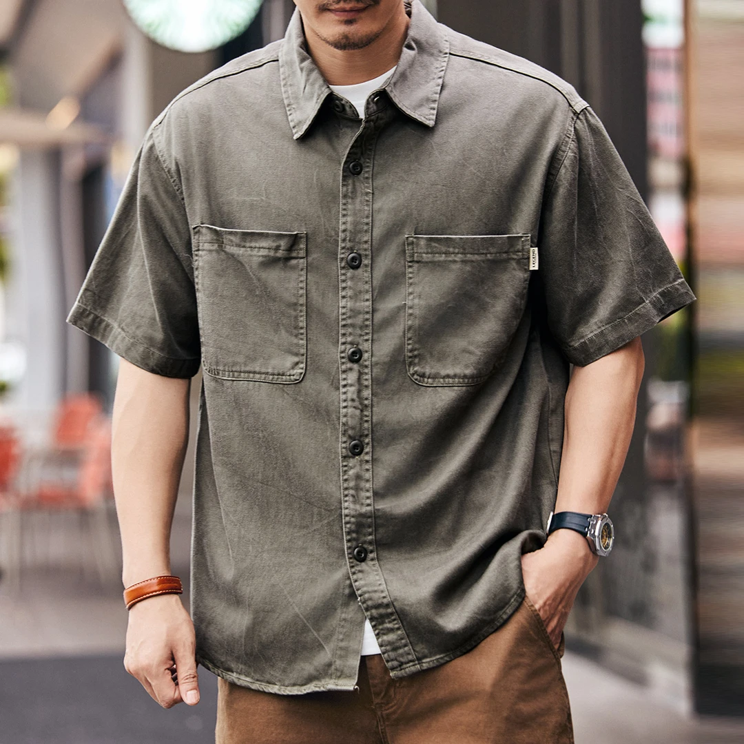 格蓝鹿美式复古莱赛尔水洗牛仔短袖衬衫男士夏季薄款天丝半袖衬衣