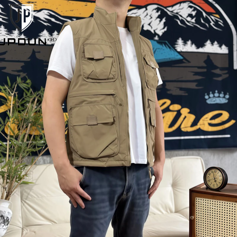 加绒加厚秋冬加厚工装男马甲多口袋背心钓鱼立领宽松坎肩休闲外套