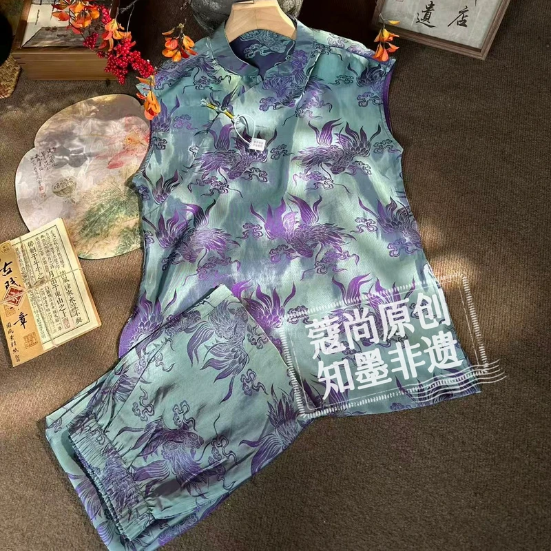 秋季新款新中式国风宽松显瘦斜襟立领紫玉锦鲤提花两件套