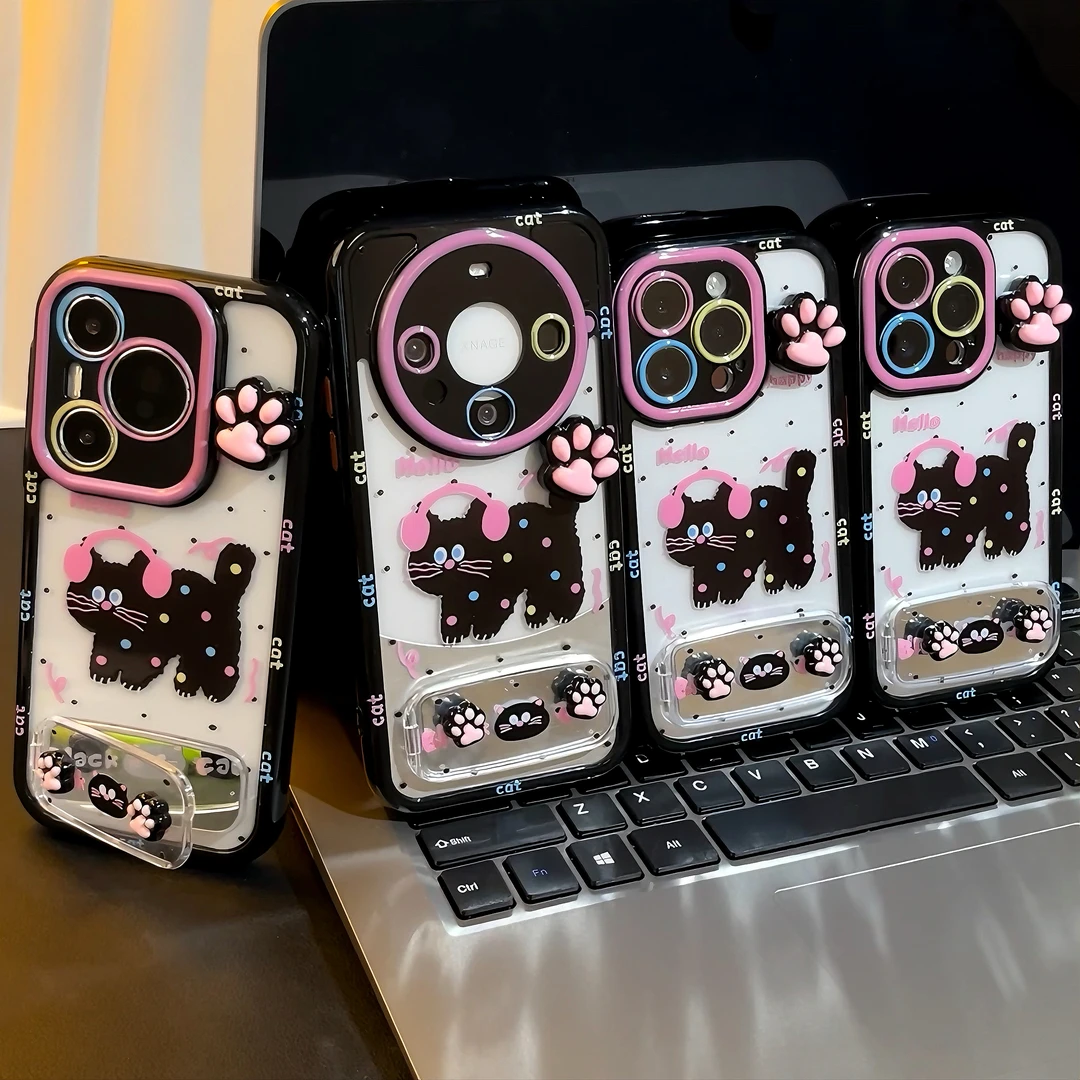 ins风可爱波点耳机黑猫适用苹果1613手机壳支架华为vivo小米oppo