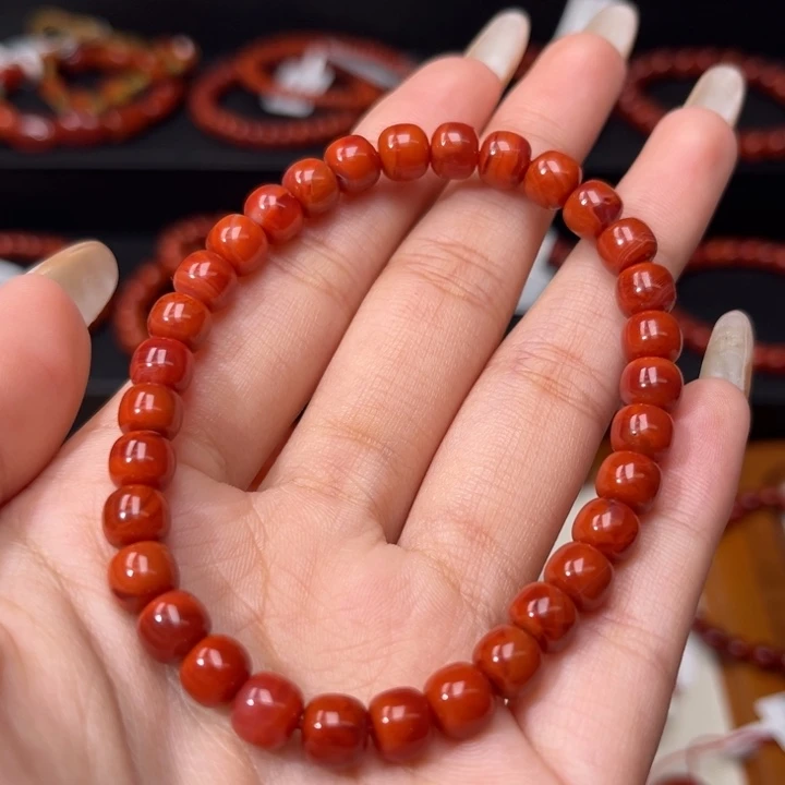 南红玛瑙未镶嵌手链柿子红玫红6.5+mm老型手串