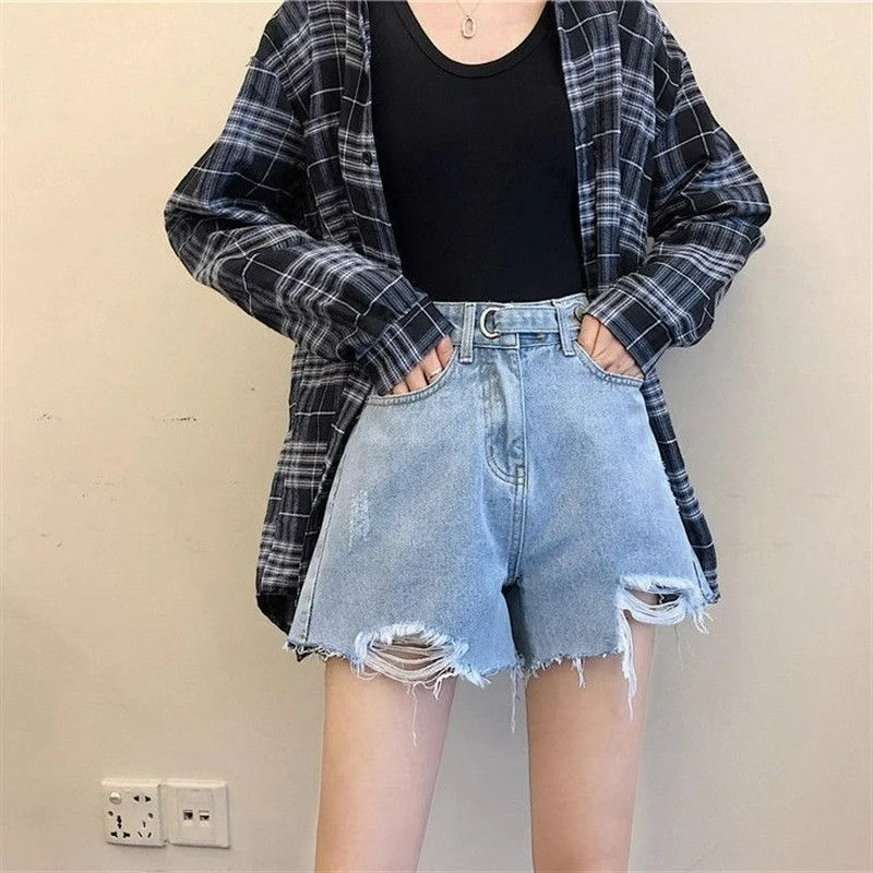 夏季新款破洞牛仔裤短裤女学生韩版宽松显瘦高腰A字阔腿裤子