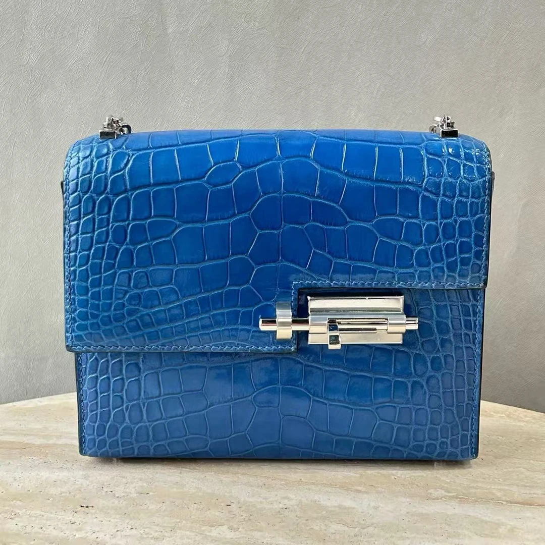 99新 Hermes/爱马仕 mini手枪包琉璃蓝银扣雾面鳄鱼D刻